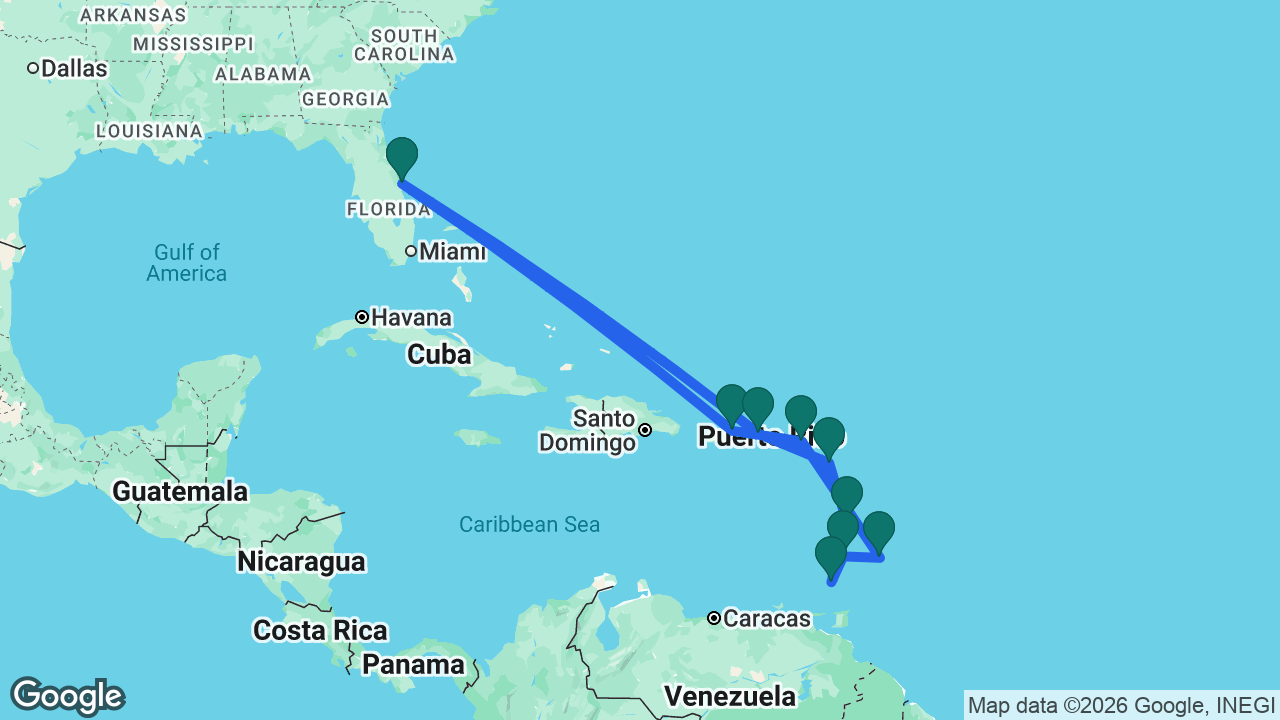 Route map: Port Canaveral -> St. Thomas -> Antigua -> Martinique -> Grenada -> St. Vincent -> Barbados -> St. Maarten -> San Juan -> Port Canaveral
