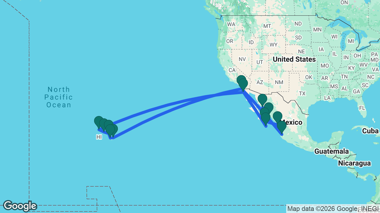 Route map: San Diego -> Hilo -> Kona -> Maui -> Honolulu -> Kauai -> Ensenada -> Cabo -> Guaymas -> Topolobampo -> La Paz -> Mazatlán -> Puerto Vallarta -> San Diego