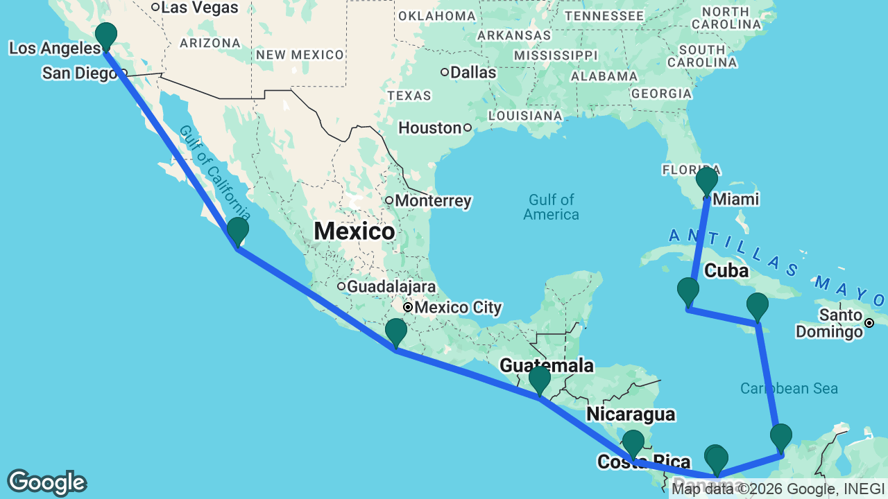 Route map: Los Angeles -> Cabo -> Acapulco -> Puerto Quetzal -> Puntarenas -> Panama City -> Panama Canal -> Cartagena -> Ocho Rios -> Grand Cayman -> Miami