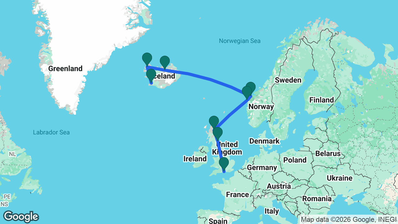 Route map: Reykjavik -> Isafjordur -> Akureyri -> Ålesund -> Måløy -> Invergordon -> Edinburgh -> Southampton