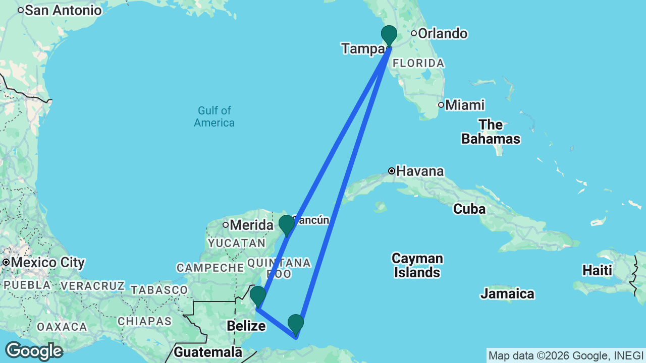 Route map: Tampa -> Roatán -> Belize City -> Cozumel -> Tampa