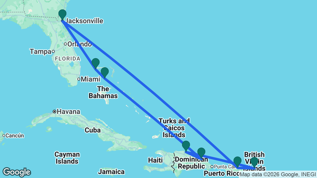 Route map: Jacksonville -> Freeport -> Great Stirrup Cay -> Samaná -> Puerto Plata -> Tortola -> San Juan -> Jacksonville