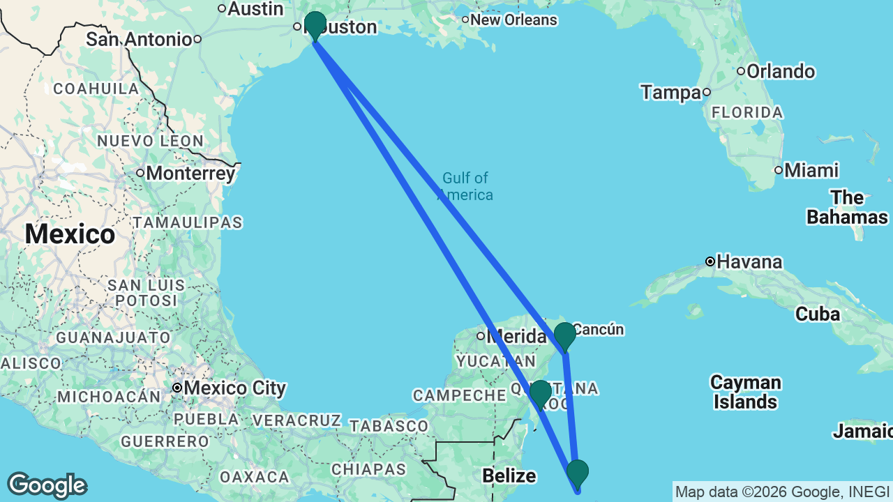 Route map: Galveston -> Costa Maya -> Roatán -> Cozumel -> Galveston