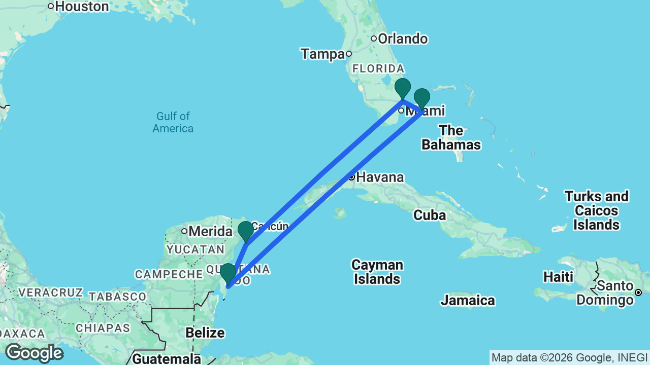 Route map: Fort Lauderdale -> Cozumel -> Costa Maya -> Bimini -> Fort Lauderdale