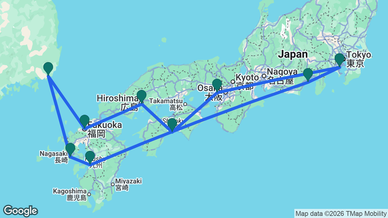 Route map: Tokyo -> Mount Fuji -> Yatsushiro -> Nagasaki -> Busan -> Fukuoka -> Hiroshima -> Kochi -> Kobe -> Tokyo