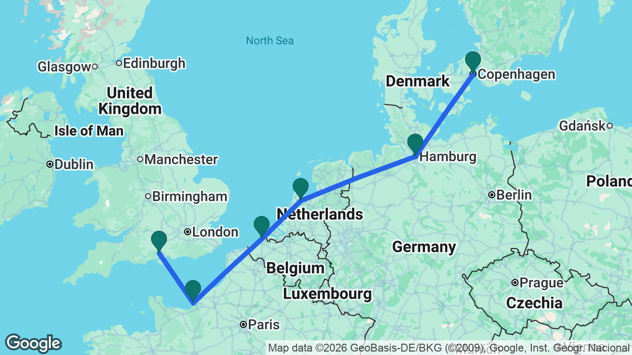Route map: Copenhagen -> Hamburg -> Amsterdam -> Bruges -> Paris -> Southampton