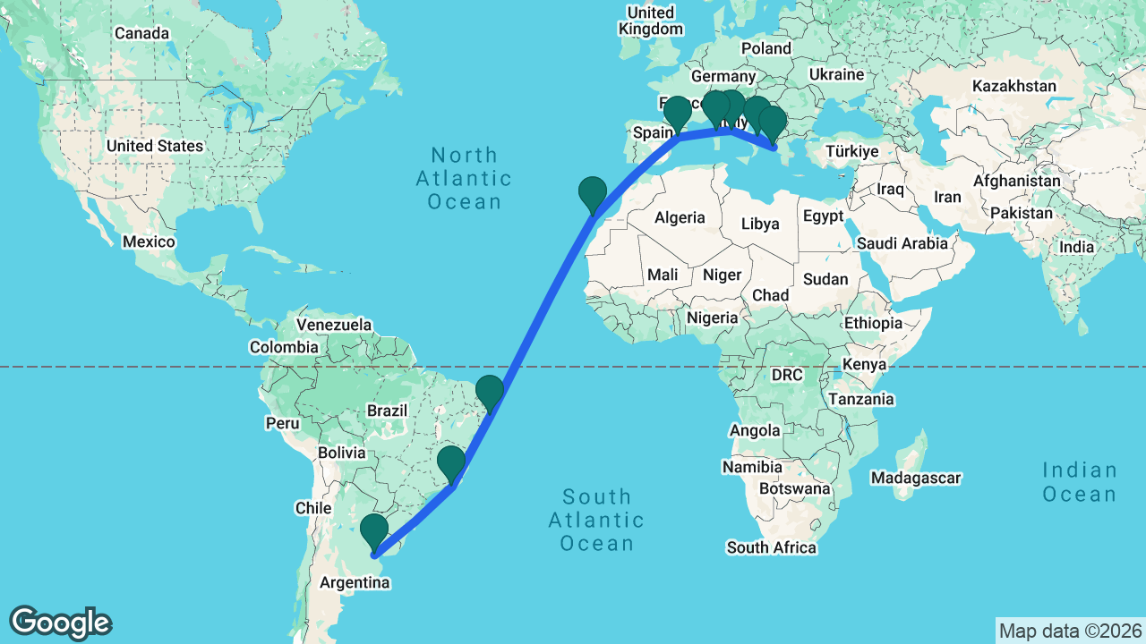 Route map: Buenos Aires -> Rio -> Maceió -> Gran Canaria -> Tarragona -> Ajaccio -> Rome -> Corfu -> Bari