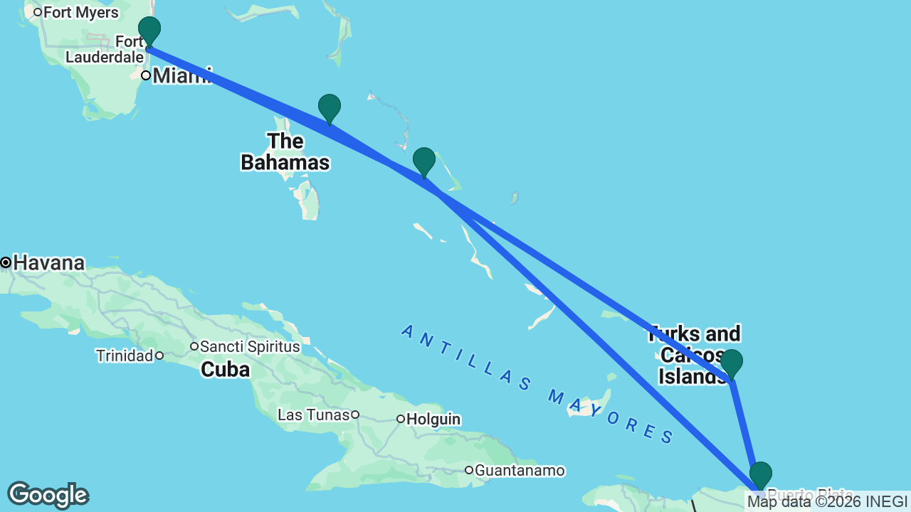 Route map: Fort Lauderdale -> Nassau -> Grand Turk -> Amber Cove -> Half Moon Cay -> Fort Lauderdale