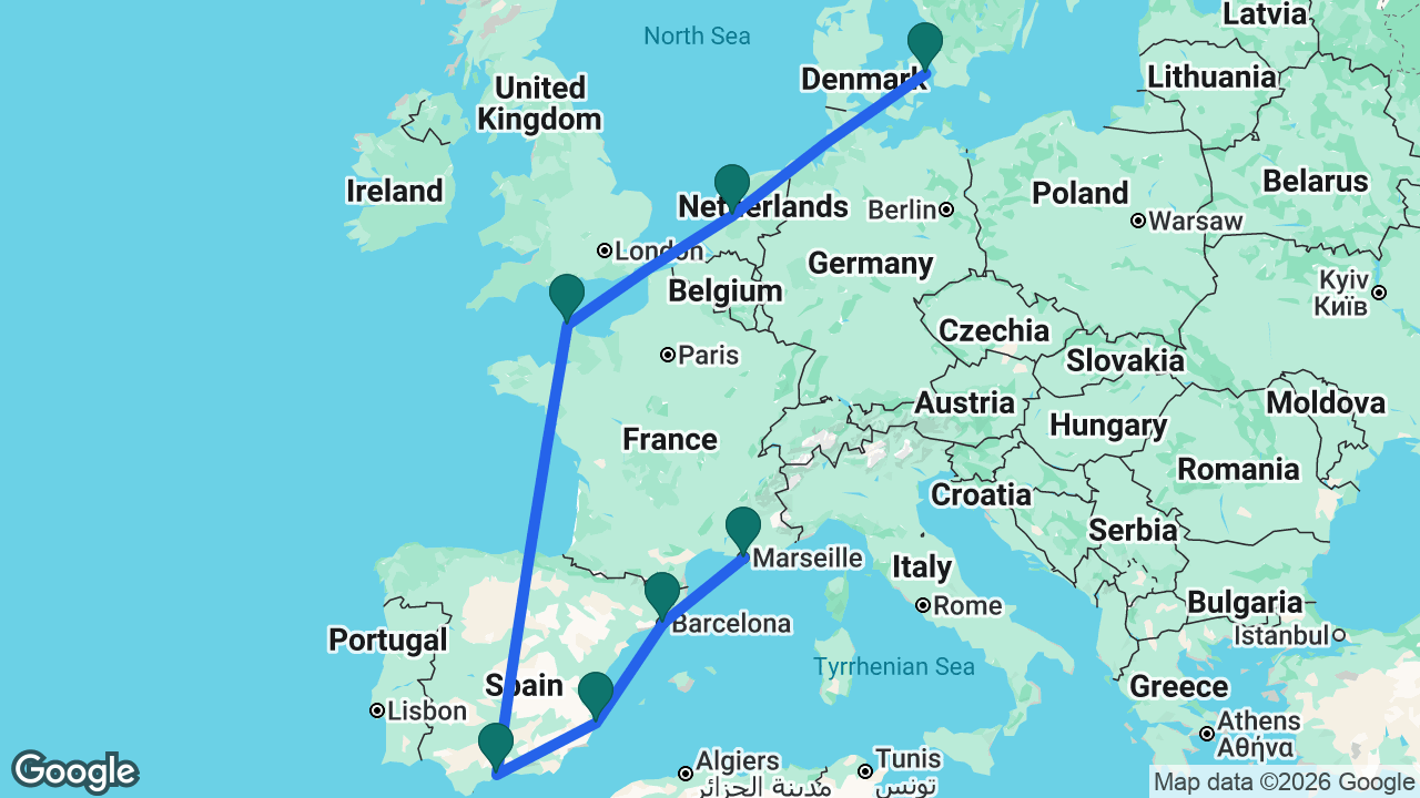 Route map: Copenhagen -> Amsterdam -> Cherbourg -> Málaga -> Alicante -> Barcelona -> Marseille