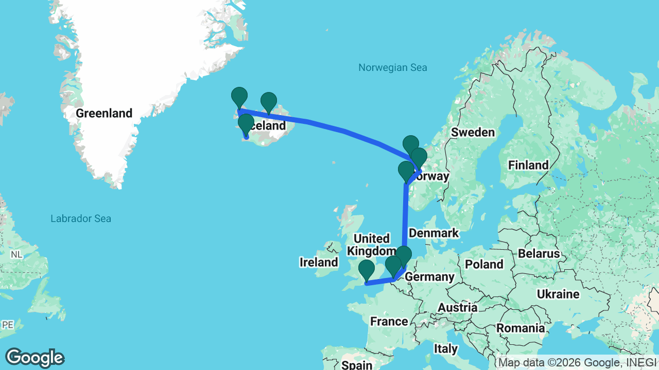 Route map: Southampton -> Bruges -> Amsterdam -> Bergen -> Skjolden -> Ålesund -> Akureyri -> Isafjordur -> Reykjavik