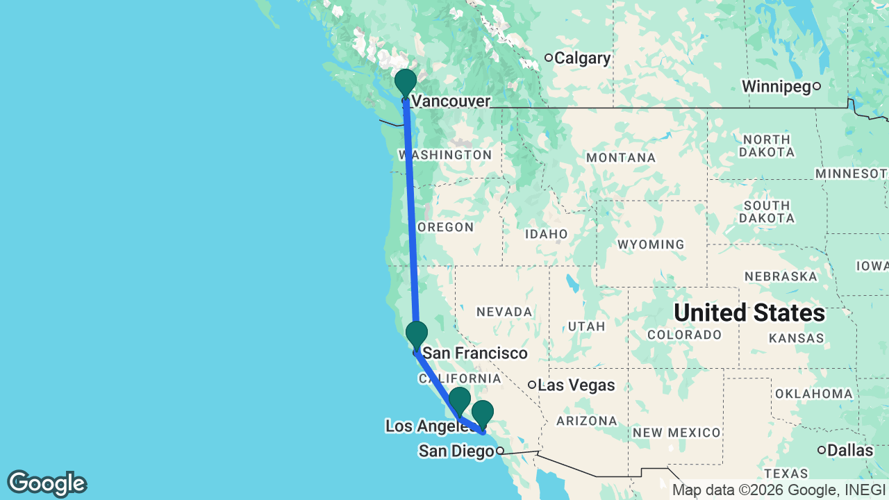 Route map: Vancouver -> San Francisco -> Santa Barbara -> Los Angeles
