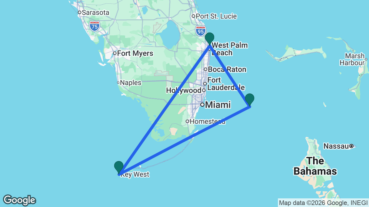 Route map: Palm Beach -> Key West -> Bimini -> Palm Beach