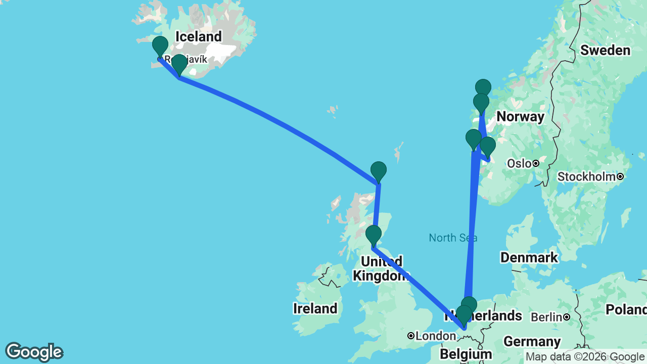 Route map: Reykjavik -> Heimaey -> Kirkwall -> South Queensferry -> Rotterdam -> Ålesund -> Nordfjordeid -> Odda -> Bergen -> Amsterdam