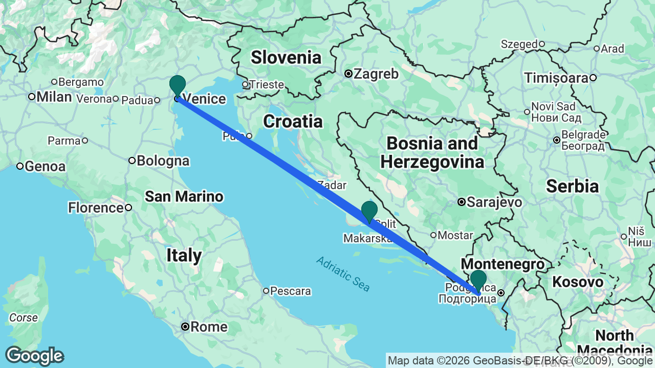 Route map: Venice -> Kotor -> Split -> Venice