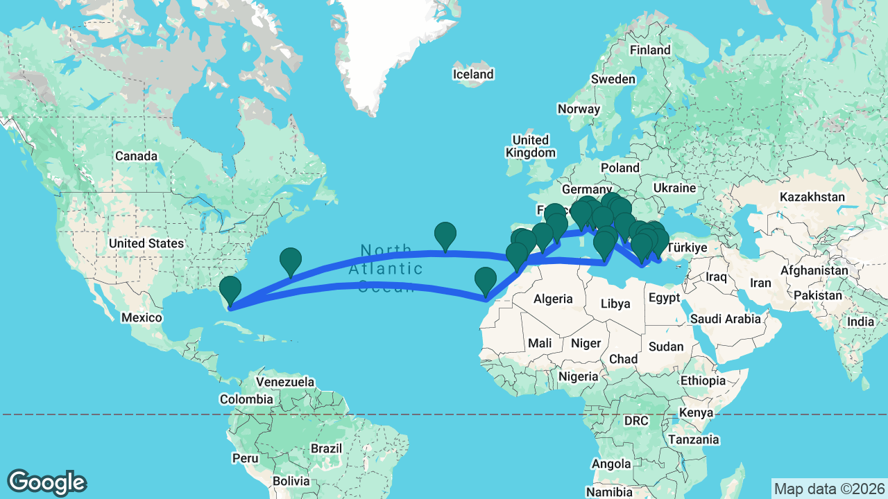 Route map: Fort Lauderdale -> Bermuda -> Azores -> Cádiz -> Cartagena -> Mallorca -> Barcelona -> Ajaccio -> Portoferraio -> Rome -> Naples -> Chania -> Santorini -> Mykonos -> Athens -> Ephesus -> Rhodes -> Corfu -> Kotor -> Split -> Dubrovnik -> Siracusa -> Valletta -> Gibraltar -> Casablanca -> Gran Canaria -> Fort Lauderdale