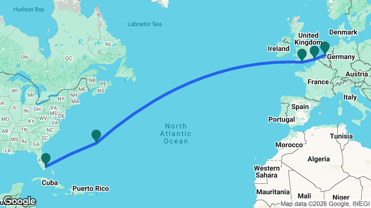 Route map: Fort Lauderdale -> Bermuda -> Portland -> Dover -> Rotterdam