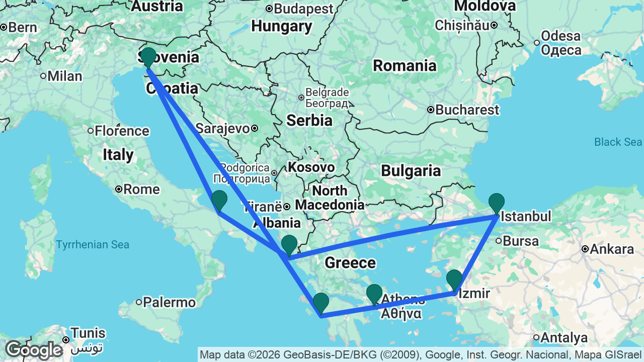 Route map: Athens -> Izmir -> Istanbul -> Corfu -> Bari -> Trieste -> Katakolon -> Athens