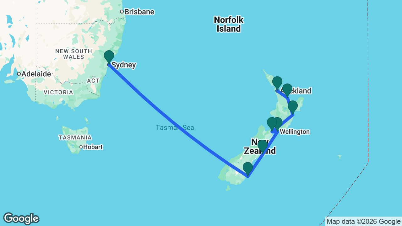 Route map: Auckland -> Tauranga -> Napier -> Picton -> Wellington -> Christchurch -> Dunedin -> Sydney