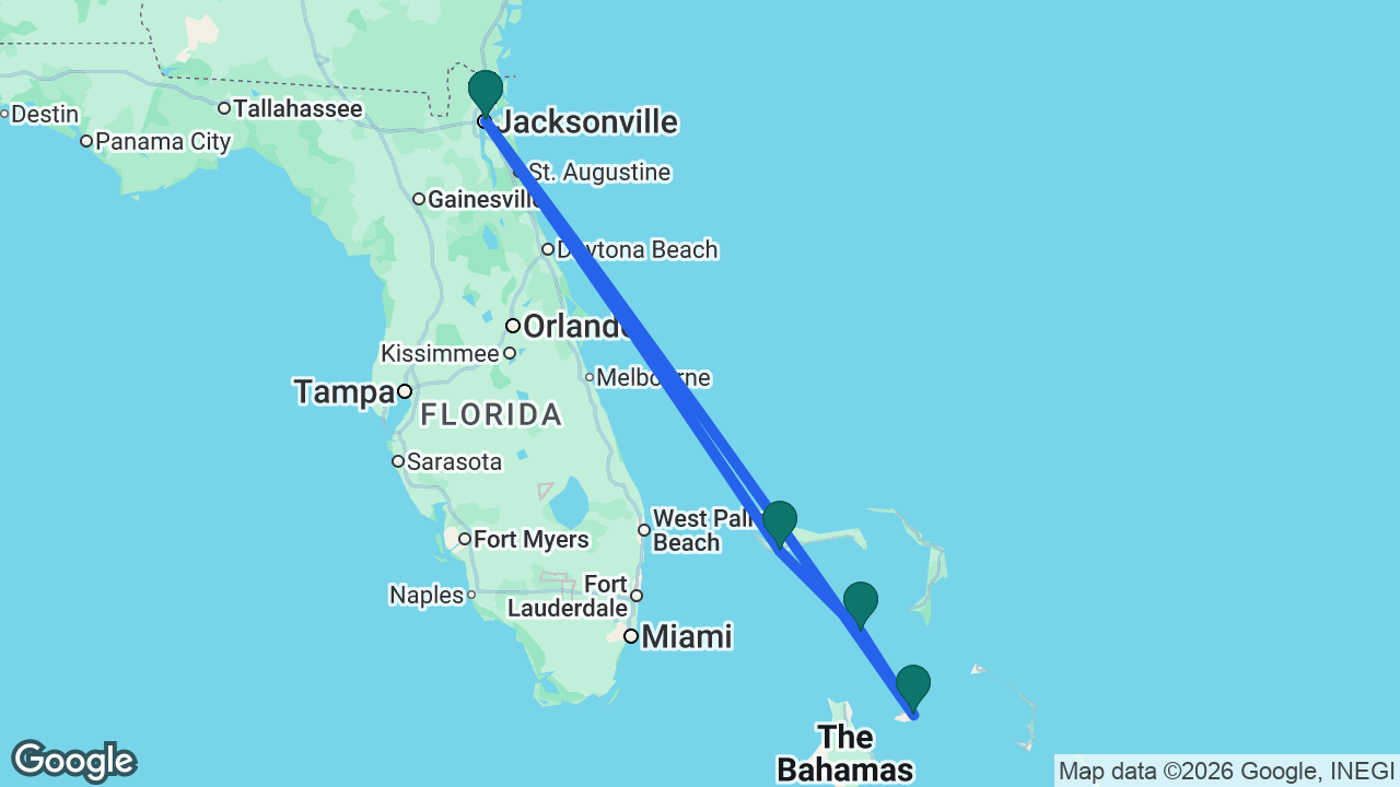 Route map: Jacksonville -> Freeport -> Great Stirrup Cay -> Nassau -> Jacksonville