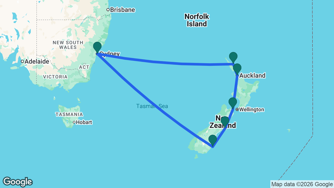 Route map: Sydney -> Bay of Islands -> Auckland -> Picton -> Christchurch -> Dunedin -> Sydney