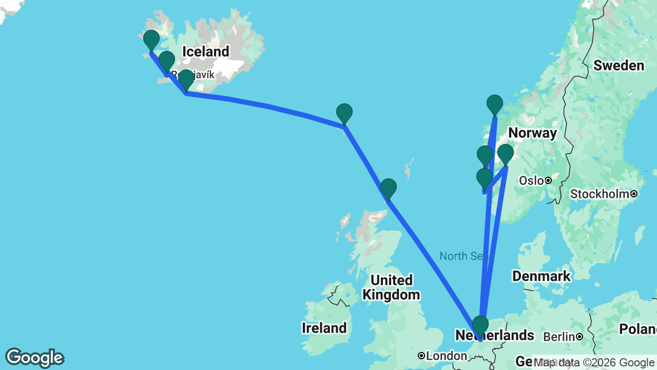 Route map: Reykjavik -> Grundarfjordur -> Heimaey -> Runavík -> Kirkwall -> Amsterdam -> Eidfjord -> Haugesund -> Bergen -> Ålesund -> Amsterdam
