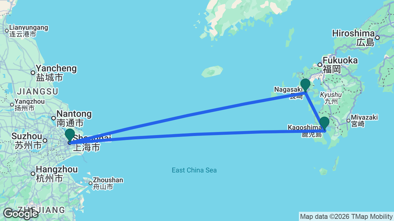 Route map: Shanghai -> Nagasaki -> Kagoshima -> Shanghai