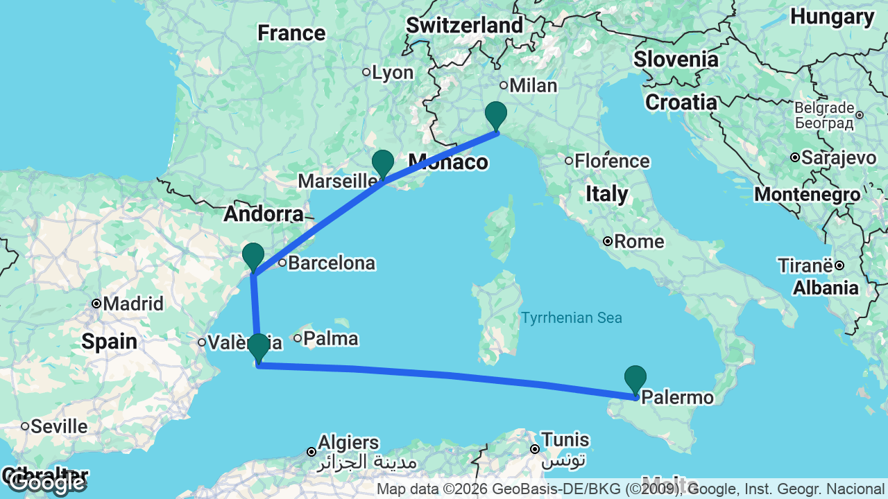 Route map: Palermo -> Ibiza -> Tarragona -> Marseille -> Genoa
