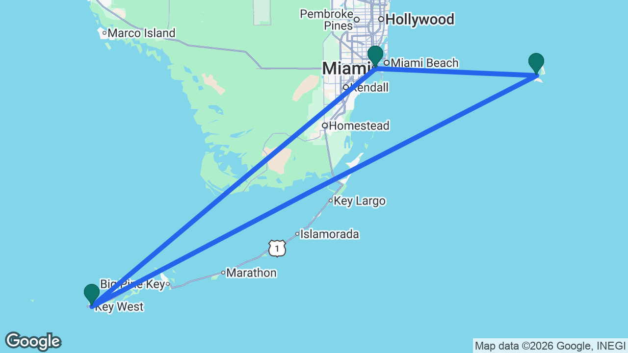 Route map: Miami -> Key West -> Bimini -> Miami