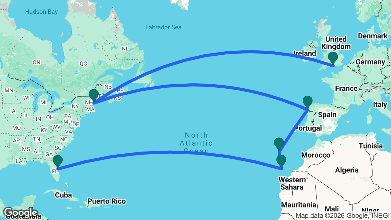 Route map: Southampton -> Portland -> Vigo -> Madeira -> Tenerife -> Port Canaveral