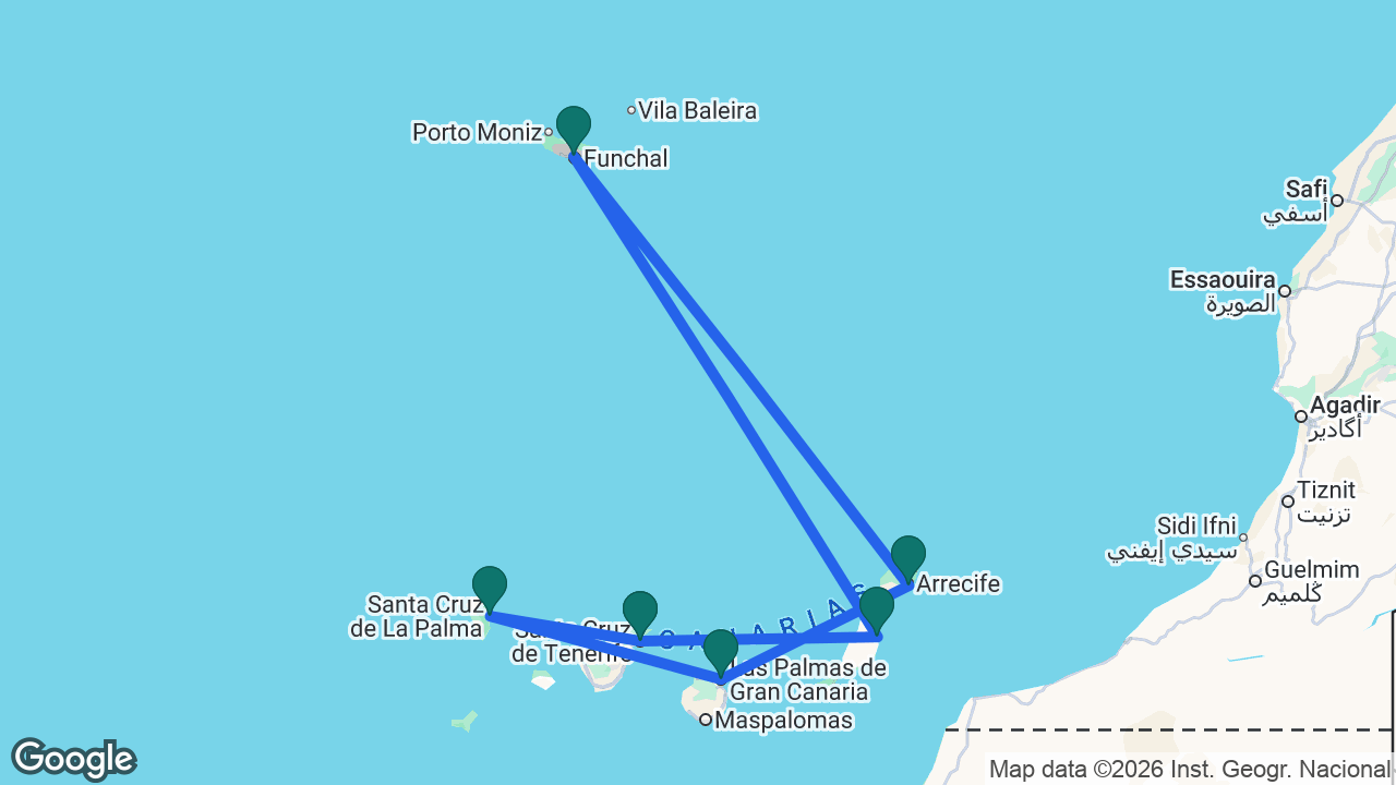 Route map: Tenerife -> Fuerteventura -> Madeira -> Lanzarote -> Gran Canaria -> La Palma -> Tenerife