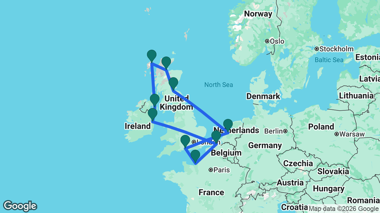 Route map: Southampton -> Amsterdam -> Edinburgh -> Invergordon -> Stornoway -> Belfast -> Dublin -> Bruges -> Paris -> Southampton