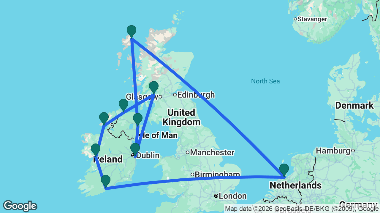 Route map: Amsterdam -> Stornoway -> Belfast -> Dún Laoghaire -> Glasgow -> Greencastle -> Killybegs -> Galway -> Cobh -> Amsterdam