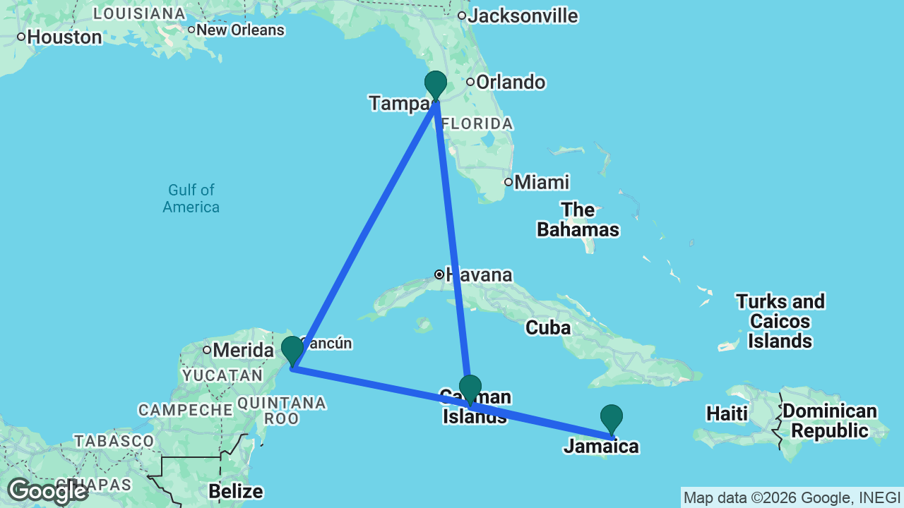 Route map: Tampa -> Grand Cayman -> Ocho Rios -> Cozumel -> Tampa