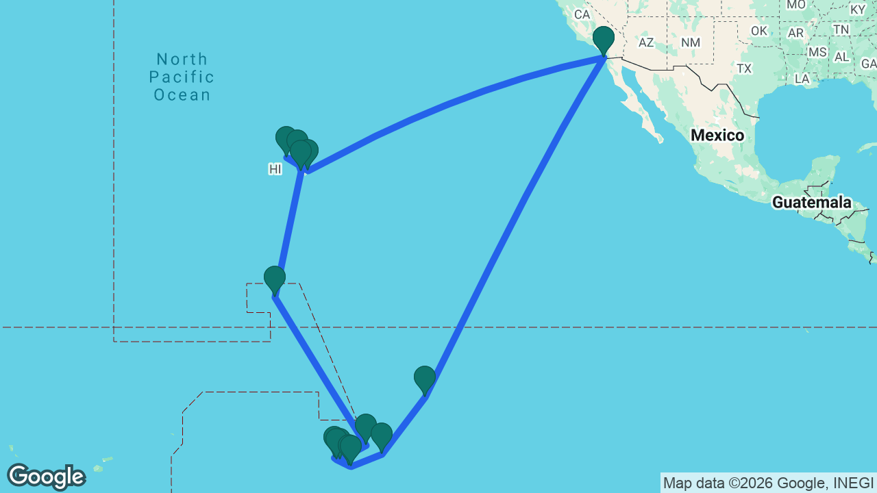 Route map: San Diego -> Hilo -> Honolulu -> Maui -> Kona -> Tabuaeran -> Avatoru -> Huahine -> Bora Bora -> Raiatea -> Moorea -> Tahiti -> Fakarava -> Nuku Hiva -> San Diego
