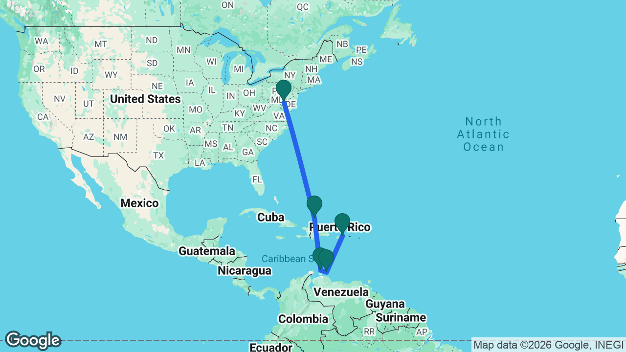 Route map: Baltimore -> Grand Turk -> Aruba -> Curaçao -> San Juan