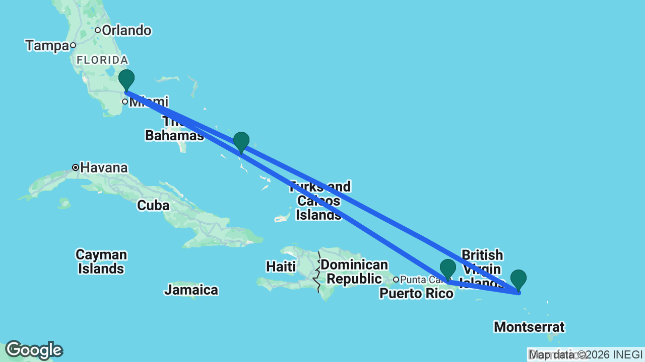 Route map: Fort Lauderdale -> Lookout Cay -> San Juan -> St. Maarten -> Fort Lauderdale