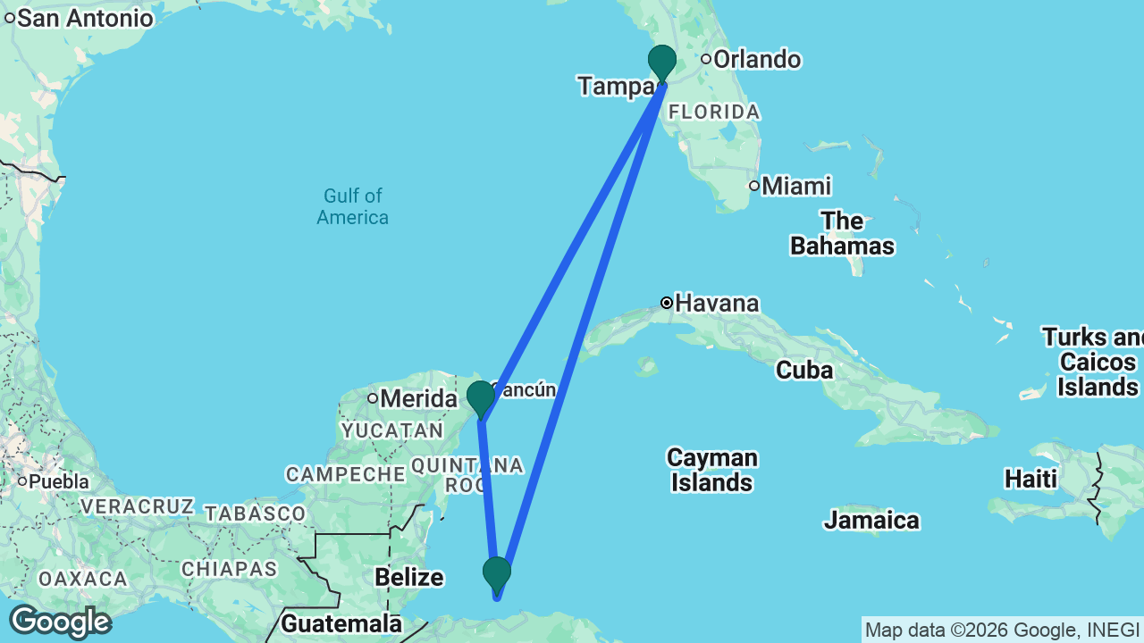 Route map: Tampa -> Cozumel -> Roatán -> Tampa