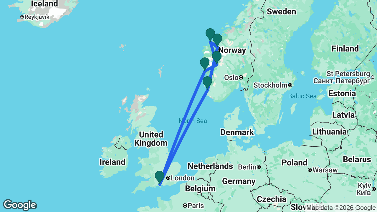 Route map: Southampton -> Stavanger -> Geiranger -> Ålesund -> Flåm -> Bergen -> Southampton