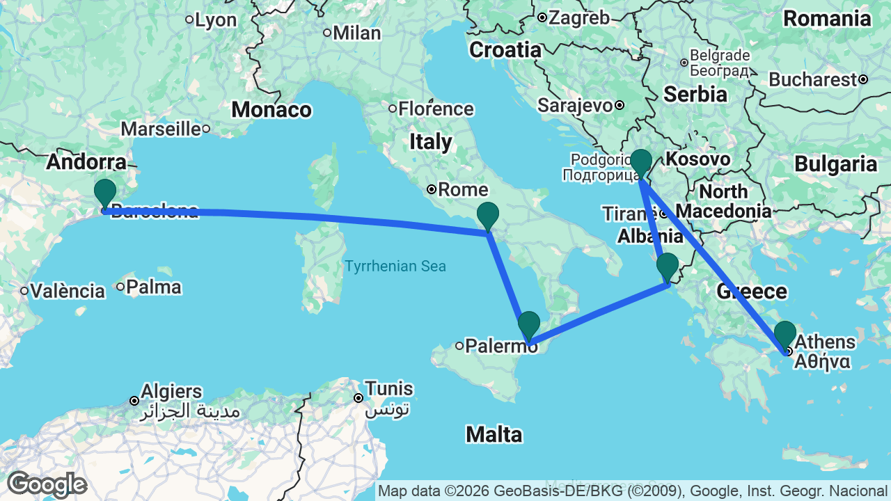 Route map: Athens -> Bar -> Corfu -> Messina -> Naples -> Barcelona