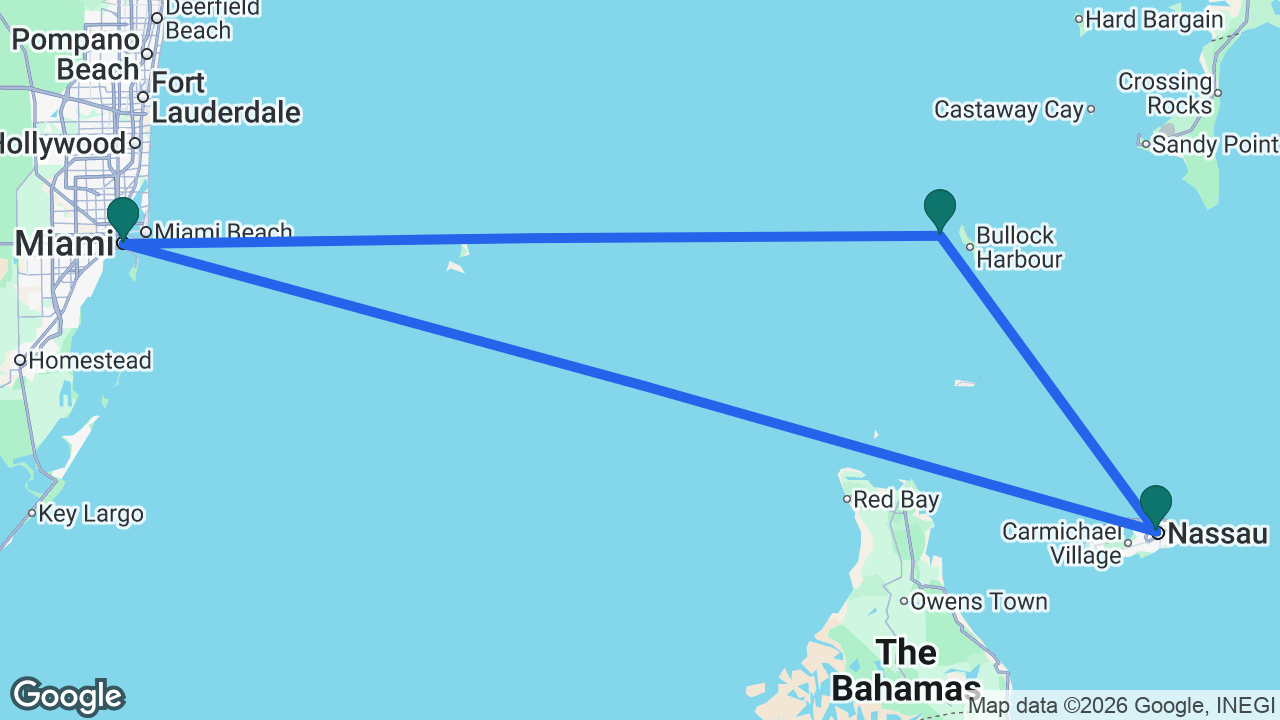 Route map: Miami -> CocoCay -> Nassau -> Miami
