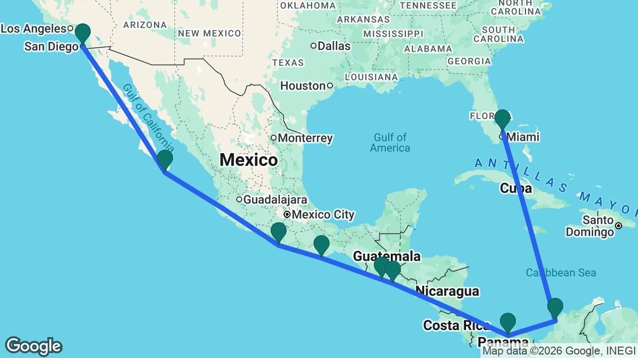 Route map: Fort Lauderdale -> Cartagena -> Panama Canal -> Acajutla -> Puerto Quetzal -> Huatulco -> Acapulco -> Cabo -> San Diego