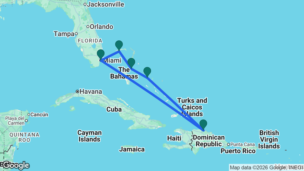 Route map: Miami -> Celebration Key -> Nassau -> Half Moon Cay -> Amber Cove -> Miami