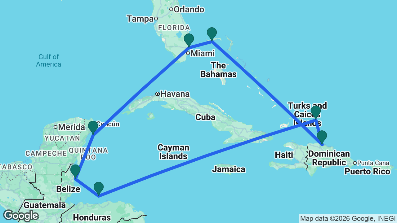 Route map: Fort Lauderdale -> Cozumel -> Belize City -> Roatán -> Grand Turk -> Amber Cove -> Celebration Key -> Fort Lauderdale