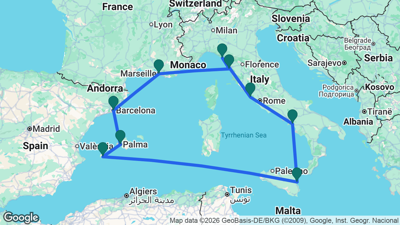 Route map: Barcelona -> Marseille -> Florence -> La Spezia -> Rome -> Amalfi Coast -> Catania -> Ibiza -> Mallorca -> Barcelona