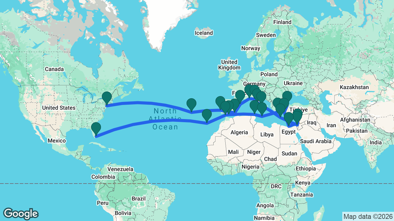 Route map: New York -> Azores -> Lisbon -> Cartagena -> Barcelona -> Villefranche -> Florence -> Rome -> Naples -> Heraklion -> Ashdod -> Haifa -> Alexandria -> Ephesus -> Istanbul -> Athens -> Valletta -> La Goulette -> Málaga -> Cádiz -> Madeira -> Fort Lauderdale