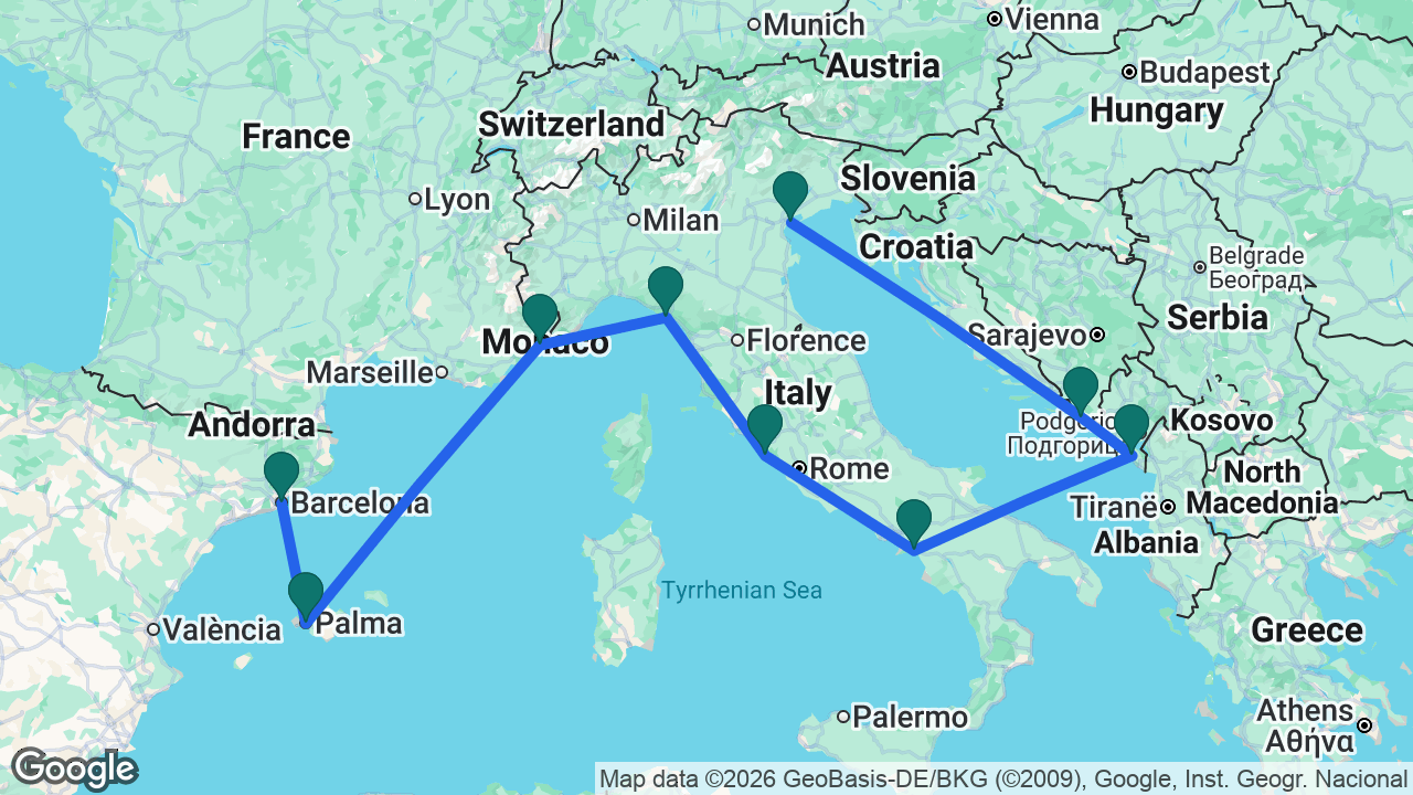 Route map: Venice -> Dubrovnik -> Bar -> Amalfi Coast -> Rome -> La Spezia -> Villefranche -> Mallorca -> Barcelona