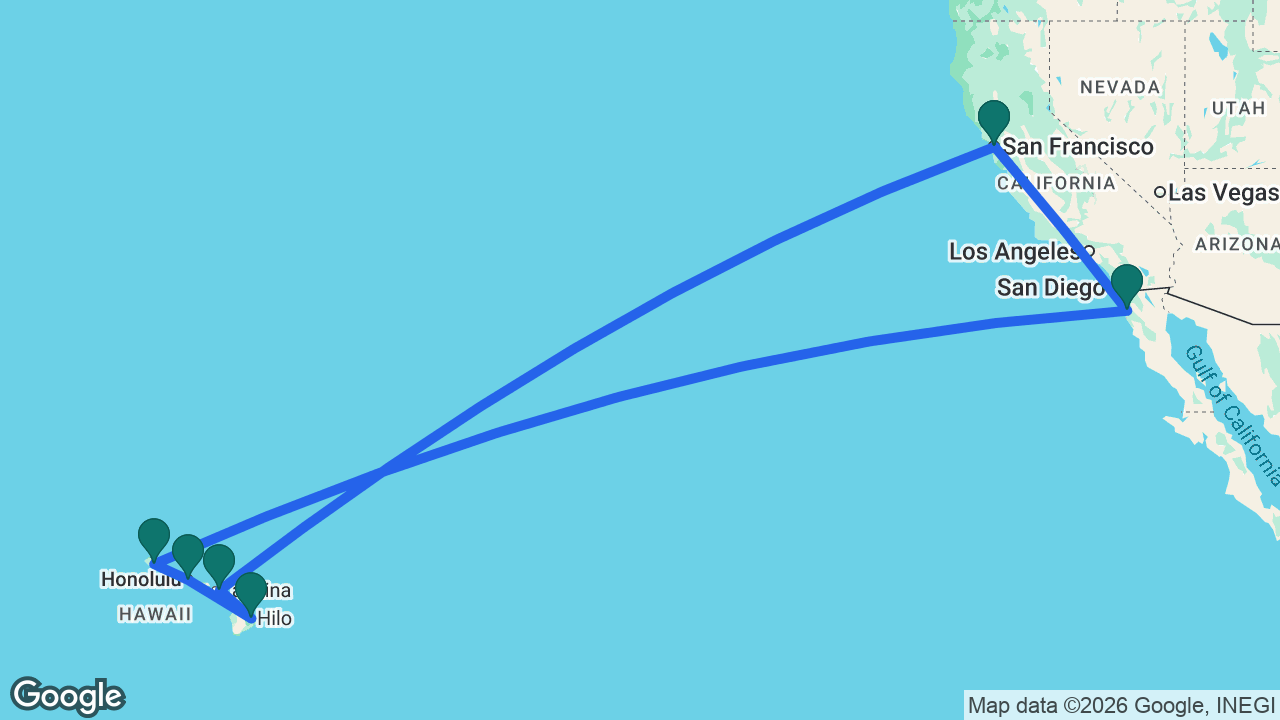 Route map: San Francisco -> Maui -> Hilo -> Honolulu -> Kauai -> Ensenada -> San Francisco