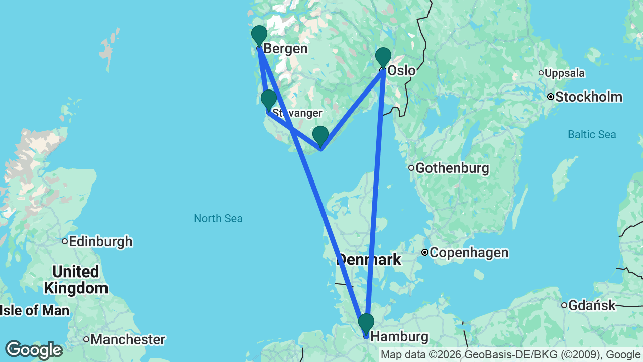 Route map: Hamburg -> Bergen -> Stavanger -> Kristiansand -> Oslo -> Hamburg