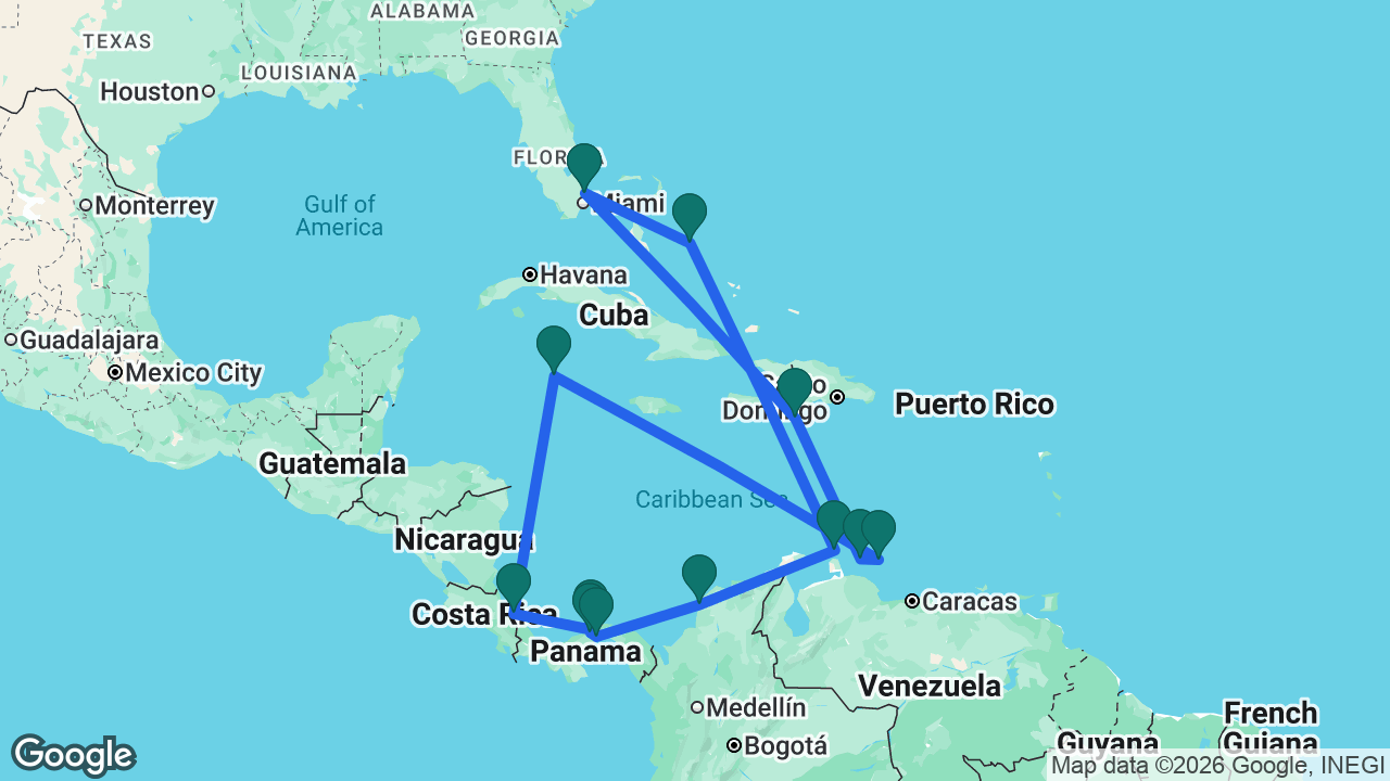 Route map: Fort Lauderdale -> Half Moon Cay -> Aruba -> Cartagena -> Panama Canal -> Gatún Lake -> Colón -> Limón -> Grand Cayman -> Bonaire -> Curaçao -> Cabo Rojo -> Fort Lauderdale