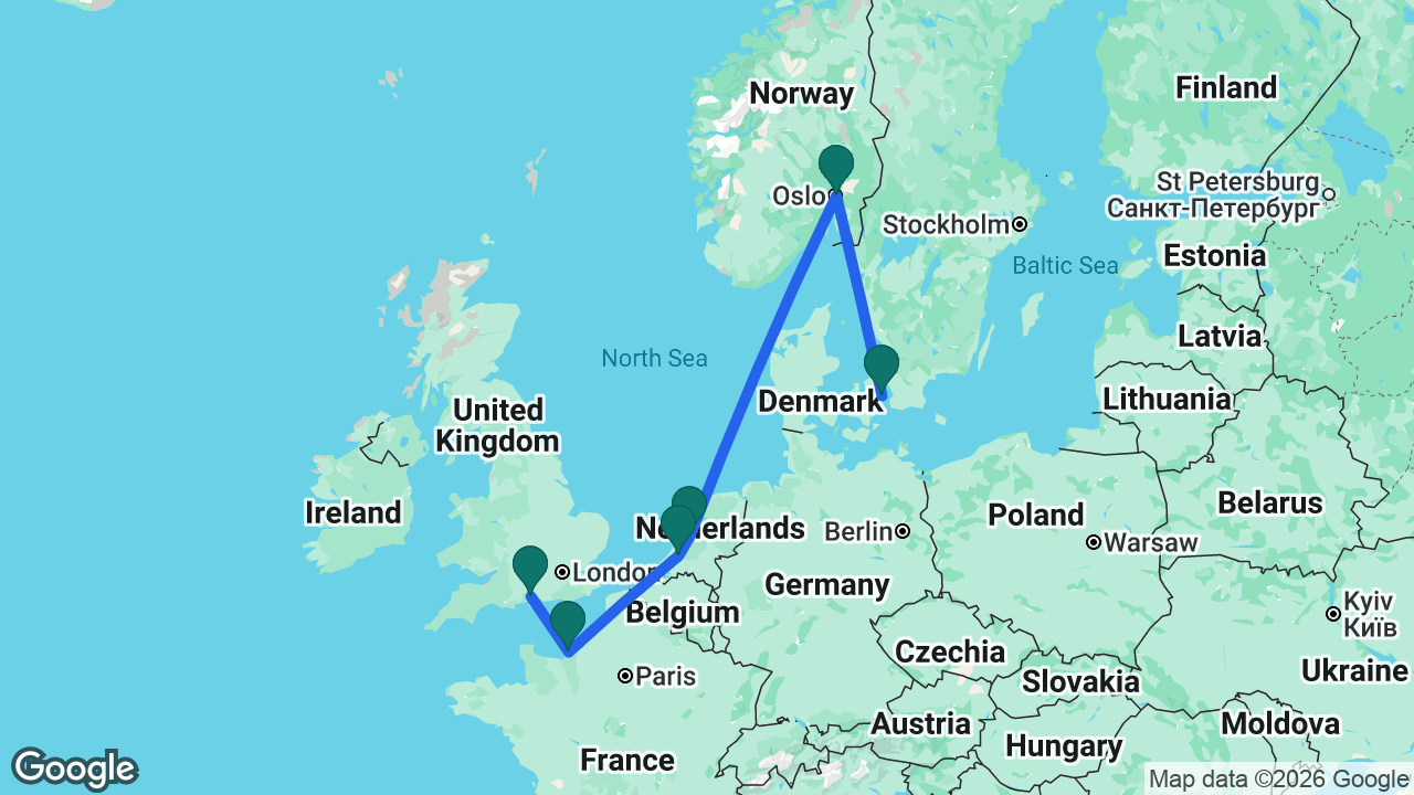 Route map: Southampton -> Paris -> Rotterdam -> Amsterdam -> Oslo -> Copenhagen